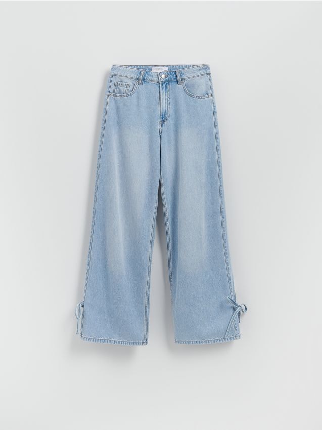 Reserved - Jeansy wide leg z kokardkami - niebieski