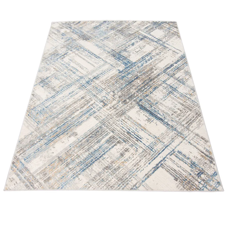 Szaro-niebieski dywan w nieregularną przecieraną kratkę L5-A98