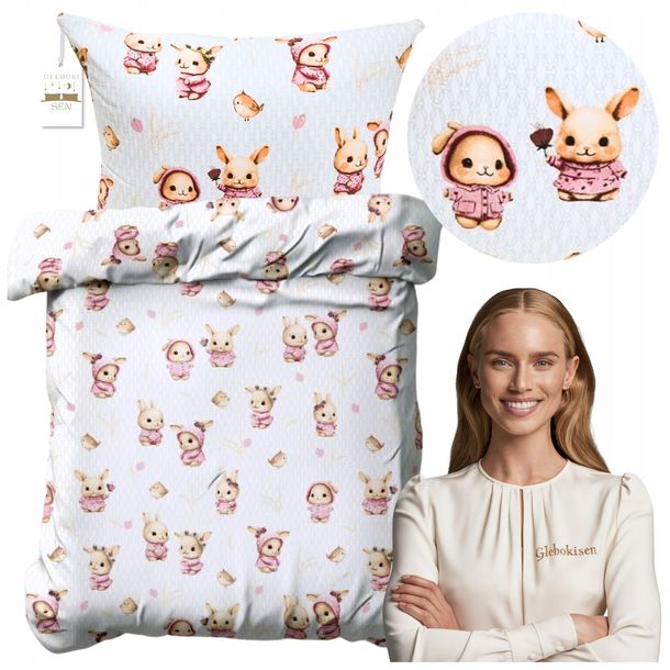Pościel Dziecięca 100x160 50x60 100% Bawełna Króliczki Róż Polski Produkt