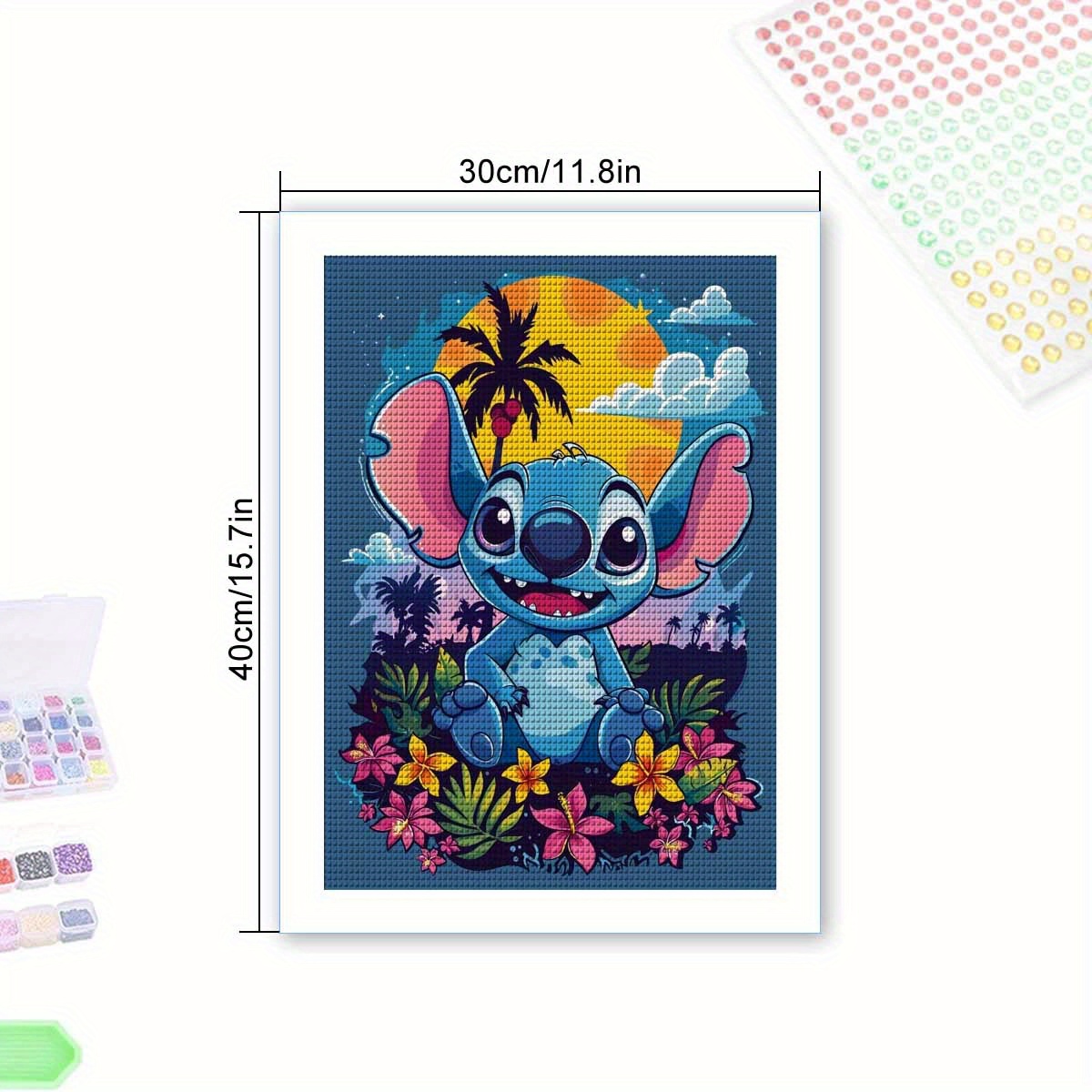 TEMU Zestaw do malowania diamentów DIY Stitch 5D - Uroczy niebieski obcy z palmą i tłem słońca, akrylowy okrągły do dekoracji domu, idealny prezent