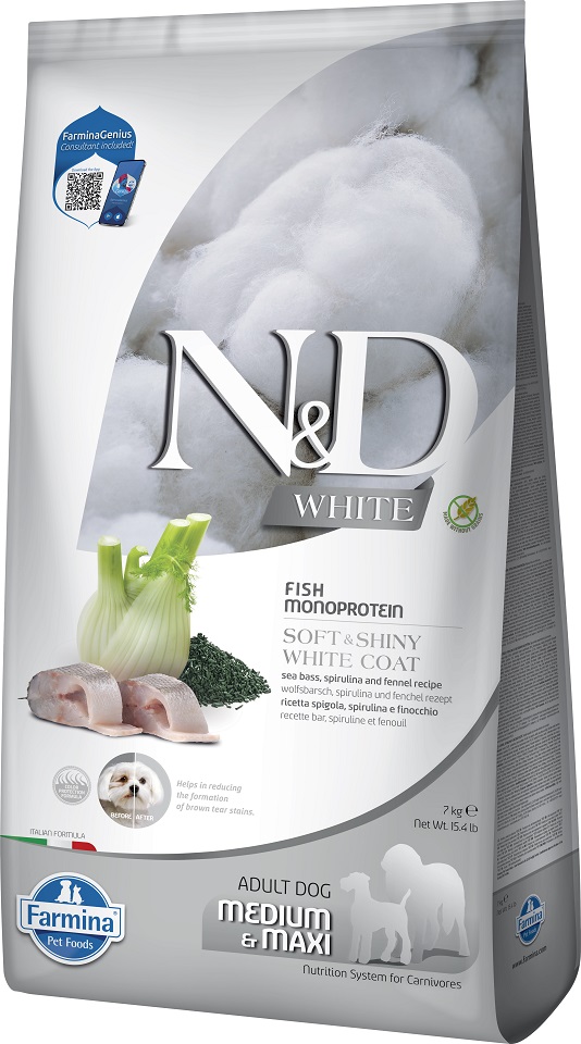 FARMINA N&D White Dog Adult Medium Maxi Sea Bass, Spirulina, Fennel 7 kg