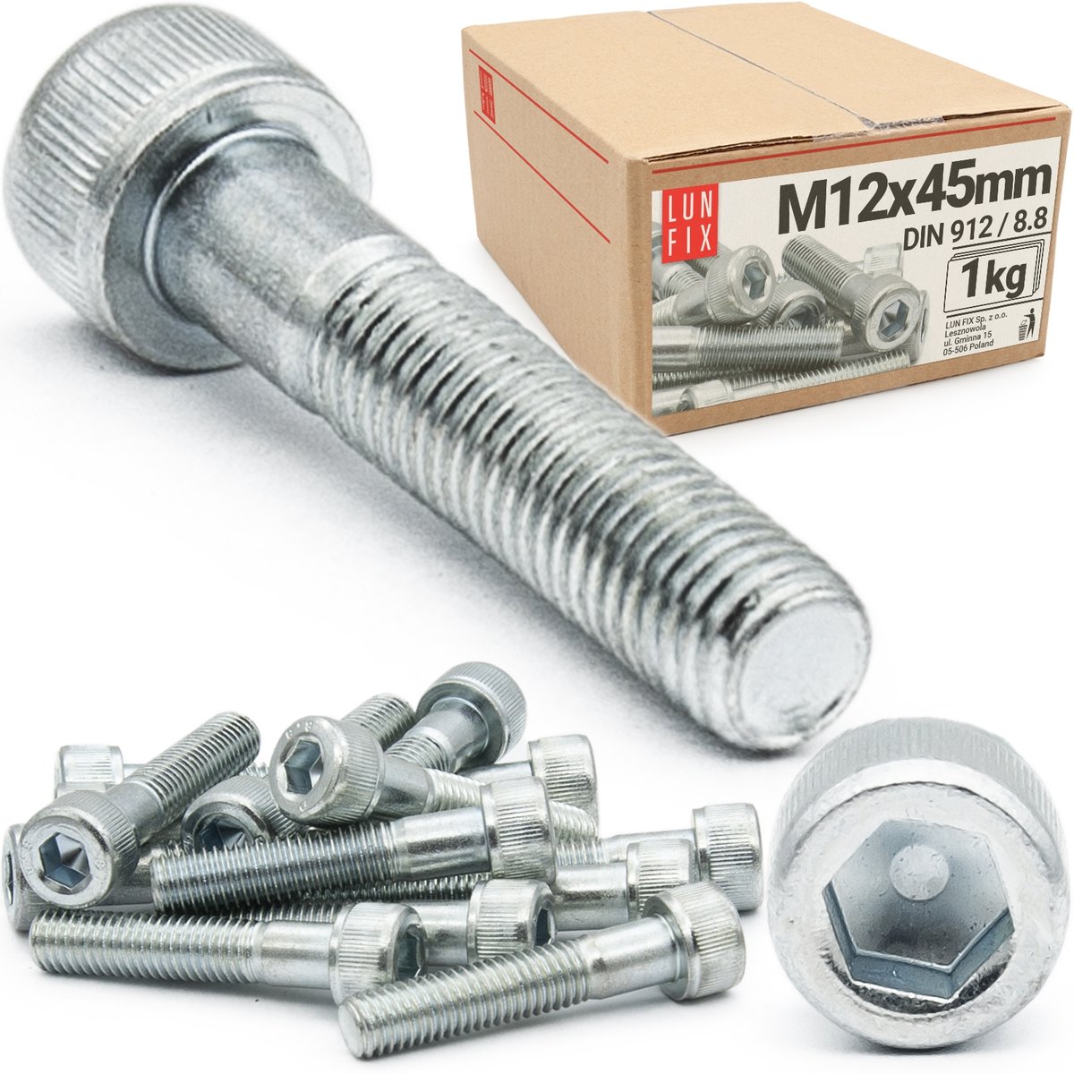 Śruba imbusowa M12x45 z łbem walcowym DIN912 kl. 8.8 ampulowa ocynk 1kg