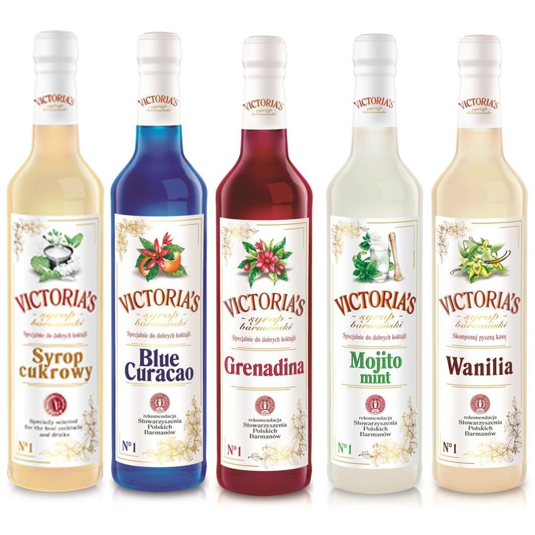 Zestaw 5 syropów Blue Curacao, Grenadina, Cukrowy, Wanilia, Mojito Mint 490 ml x 5