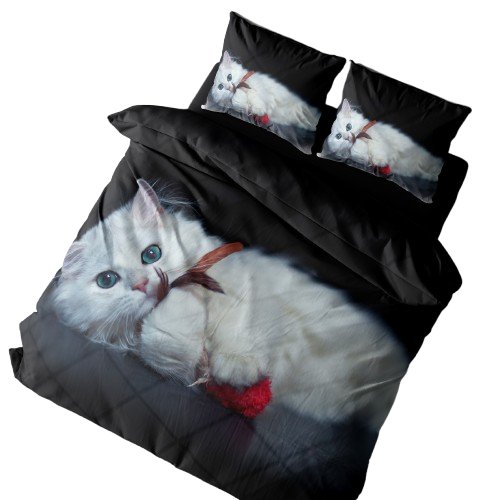 Pościel 3D - Biały kotek/czarna - 160x200 - 3 części