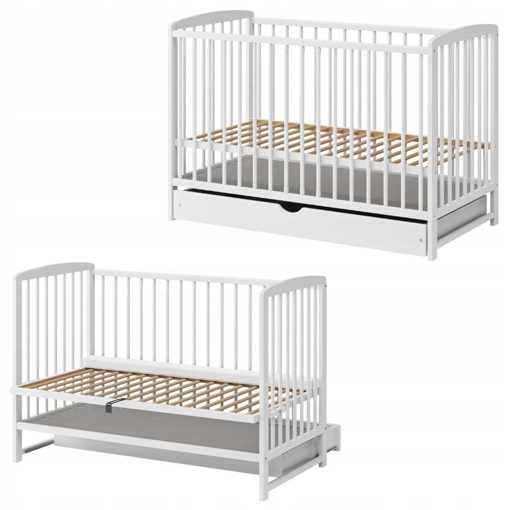 2w1 łóżeczko dostawne Andrzej 3 szuflada białe 120x60(67) drewno sosnowe
