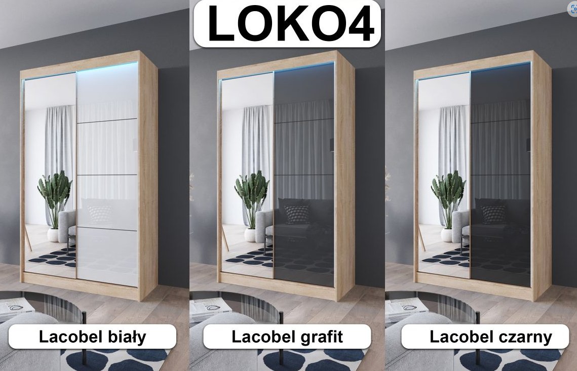 Szafa Loko 4 Przesuwna 2-Drzwiowa, 110 Cm, Lustro, Biała, Sonoma, Wenge, Szkło Białe, Czarne, Grafit, Opcja Oświetlenia Led