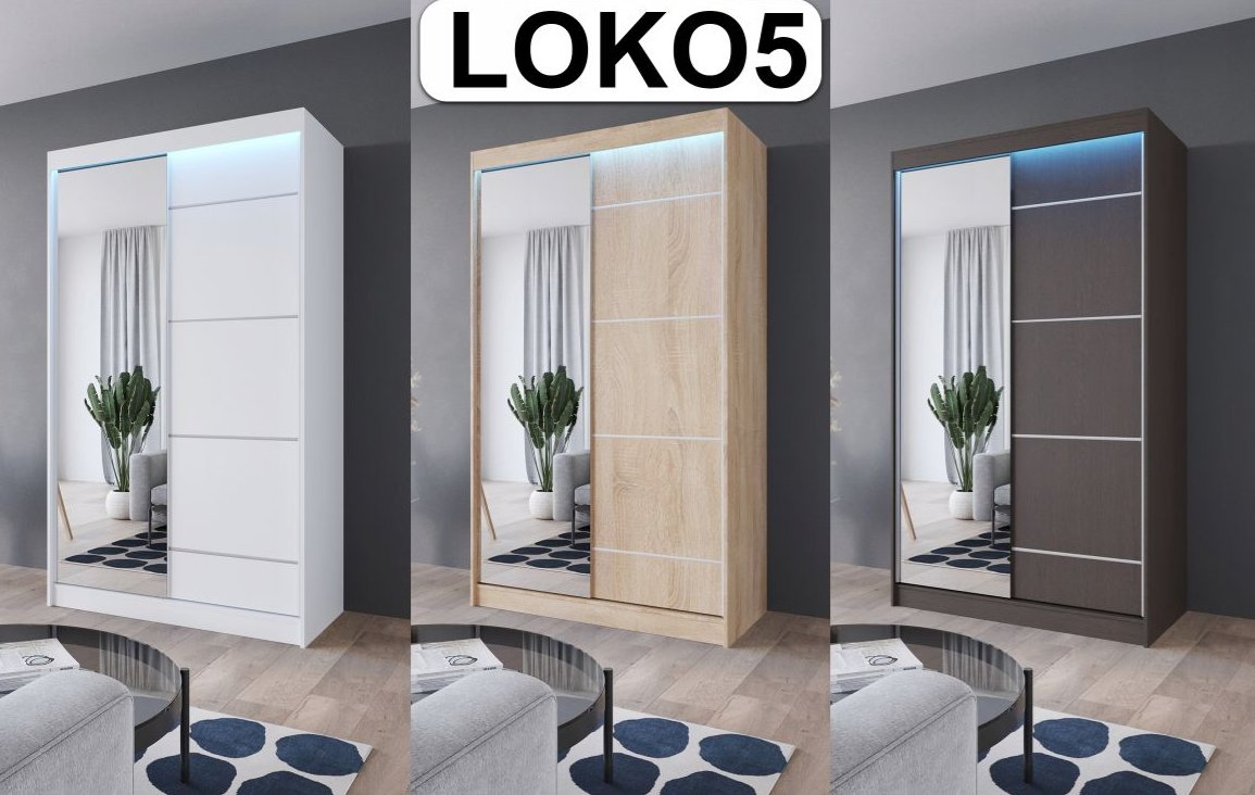 Szafa Loko 5 Przesuwna 2-Drzwiowa, 110 Cm, (Lustro+Front) Biała, Sonoma, Wenge, Opcja Oświetlenia Led