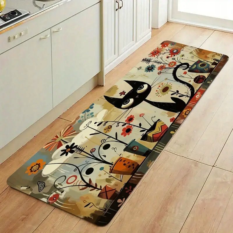 Dywanik łazienkowy czarny kot 50x150 cm beż kwiaty rośliny boho dla kociary