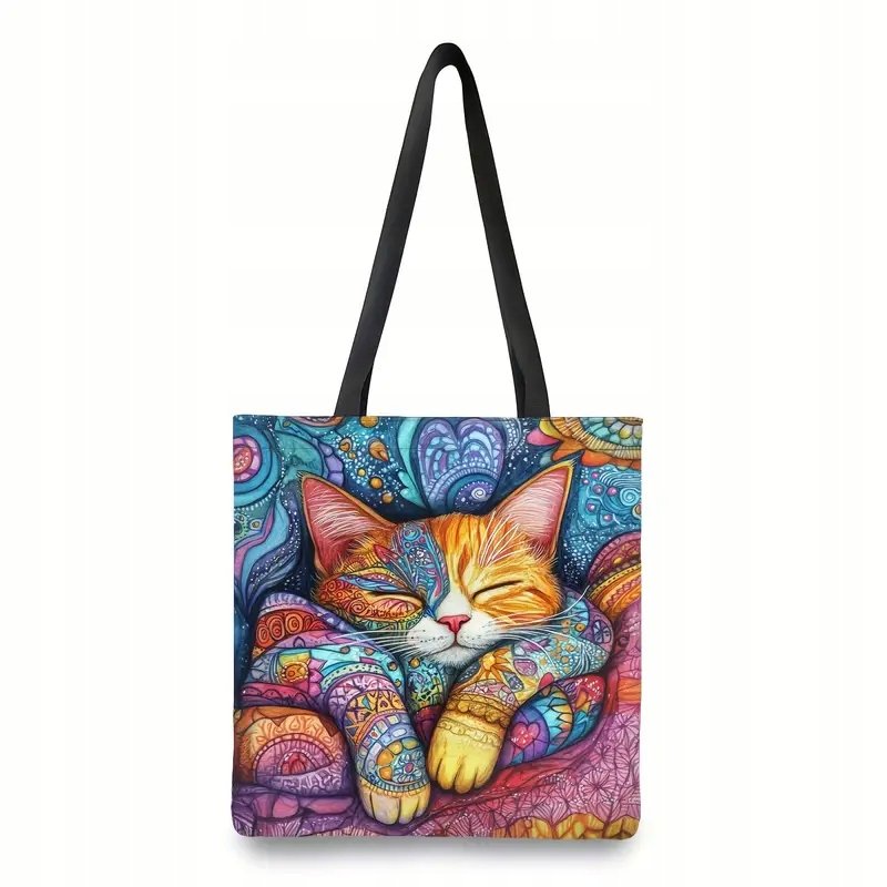 Torba shopperka tote kolorowy niebieski fioletowy śpiący kot łapki 40x35 cm