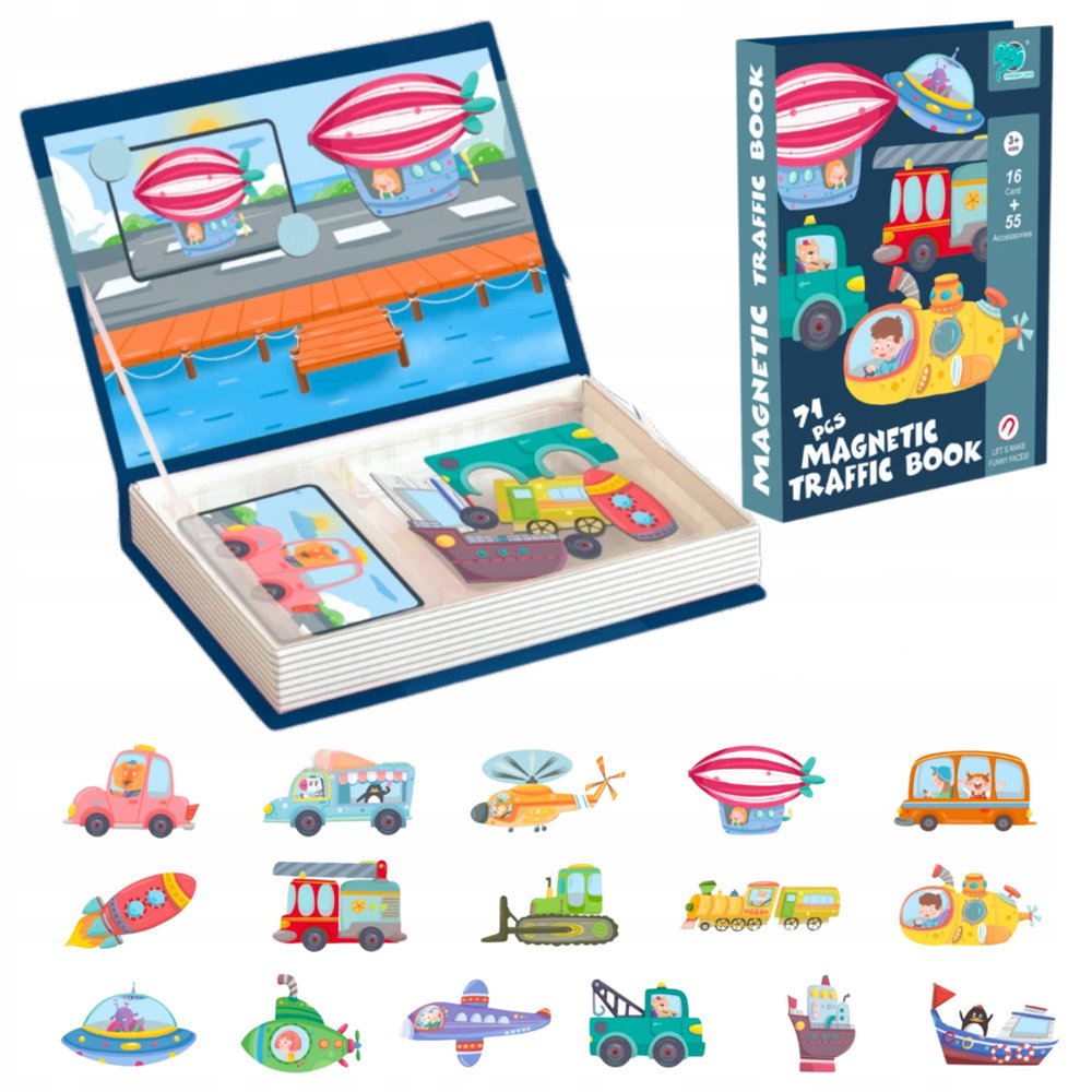 Układanka Magnetyczna Puzzle Montessori 71El. Pojazdy Książka Edukacyjna