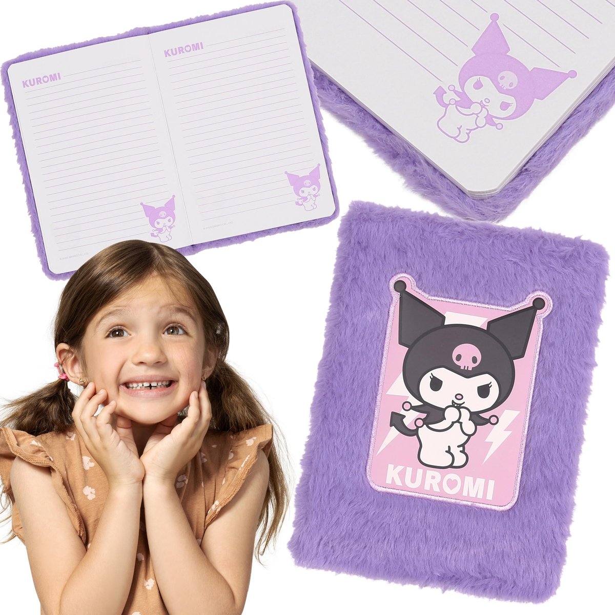 Hello Kitty KUROMI Fioletowy zeszyt szkolny, notes dla dziewczynki, pluszowy zeszyt w linie A5