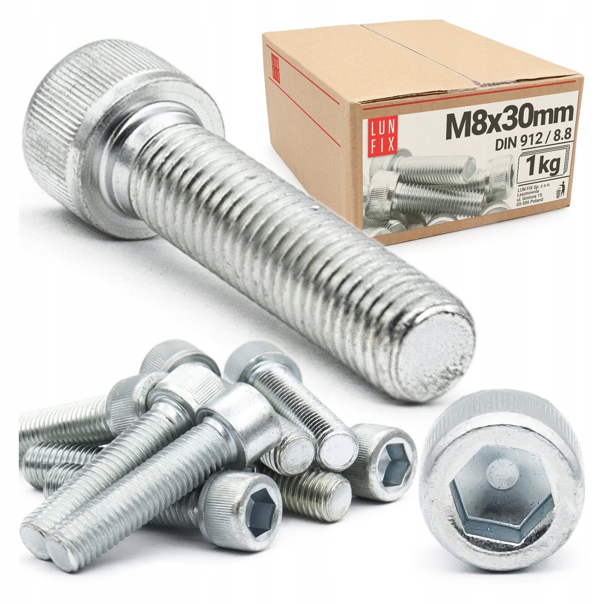 Śruba imbusowa M8x30 z łbem walcowym DIN912 kl. 8.8 ampulowa ocynk 1kg
