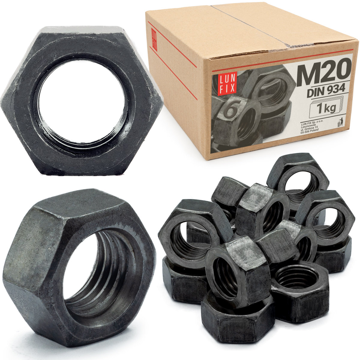 Nakrętka sześciokątna M20 6-kątna metryczna DIN 934 czarna kl. 6 1kg
