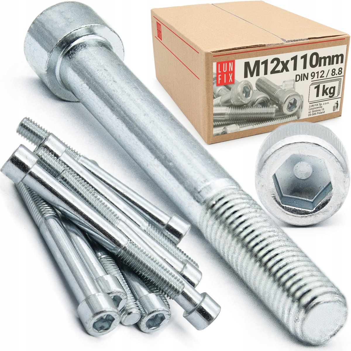 Śruba imbusowa M12x110 z łbem walcowym DIN912 kl. 8.8 ampulowa ocynk 1kg