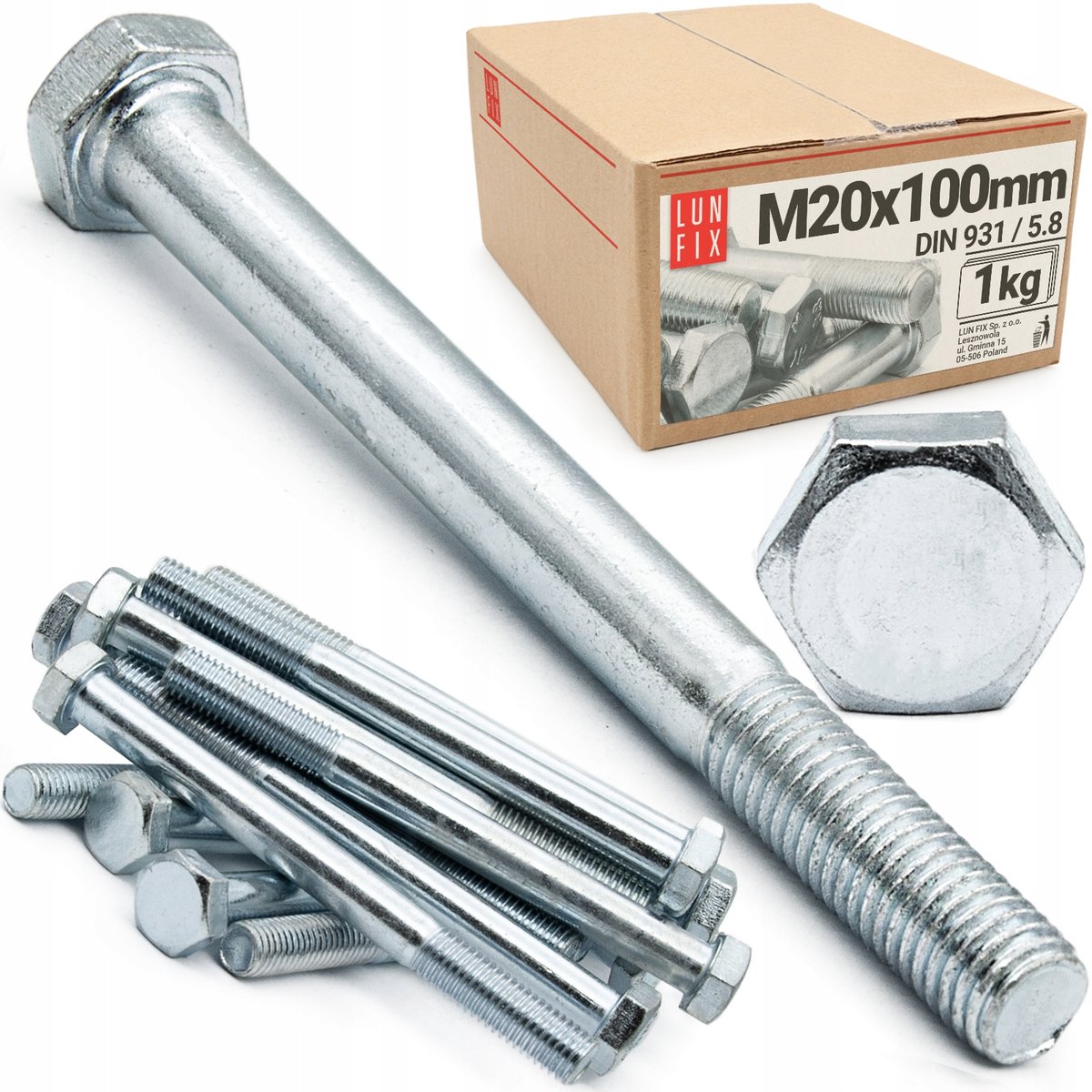 Śruba M20x100 sześciokątna na klucz ocynkowana ocynk DIN 931 kl.5.8 1kg