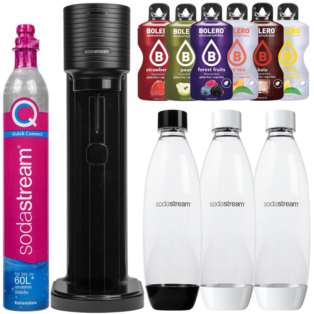 Saturator wody SODASTREAM Gaia, 4 szt. – Czarny zestaw z butelkami i nabojem QuickConnect bez BPA Bolero smaki zero cukru
