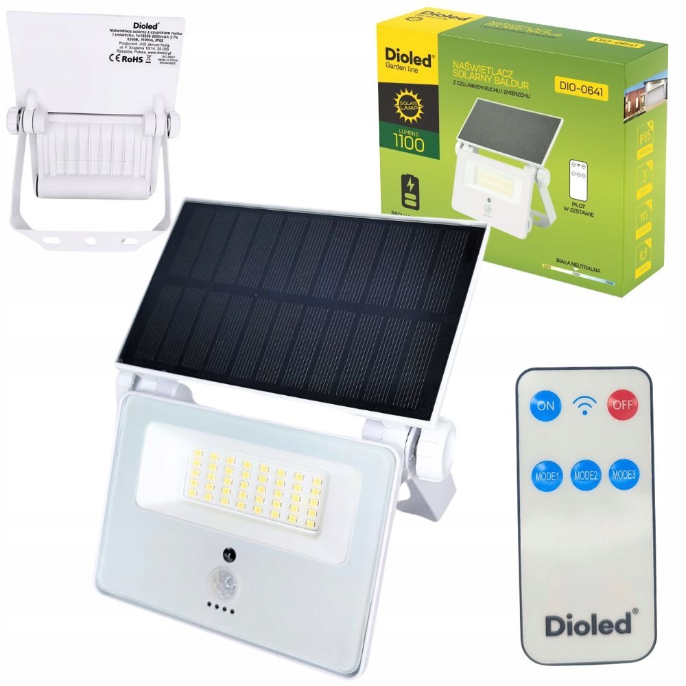 Lampa Solarna Led 1100Lm 4000K Czujnik Ruchu Aluminiowy Z Pilotem Biała