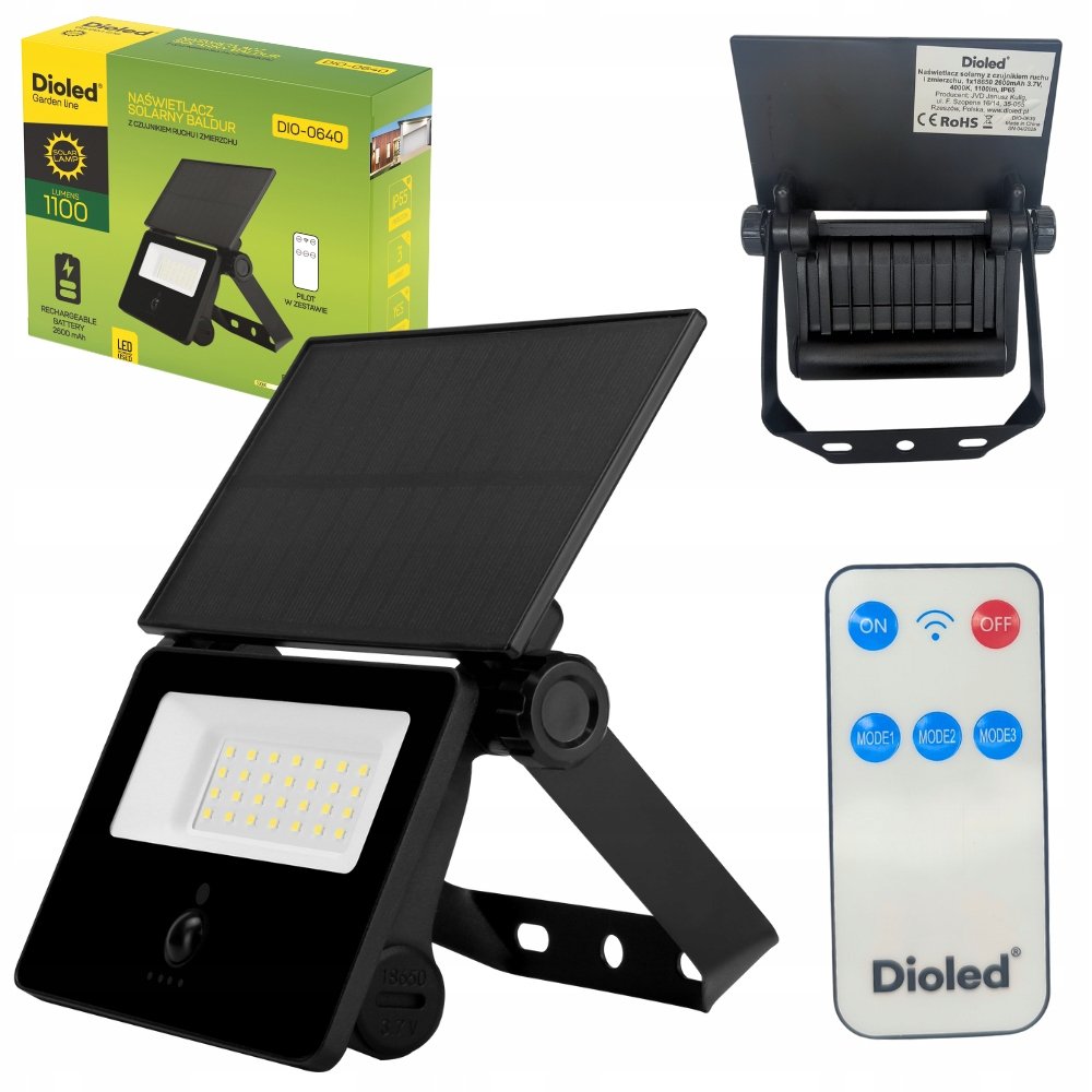 Lampa Solarna Led 1100Lm 6500K Czujnik Ruchu/Zmierzchu Aluminiowy +Pilot