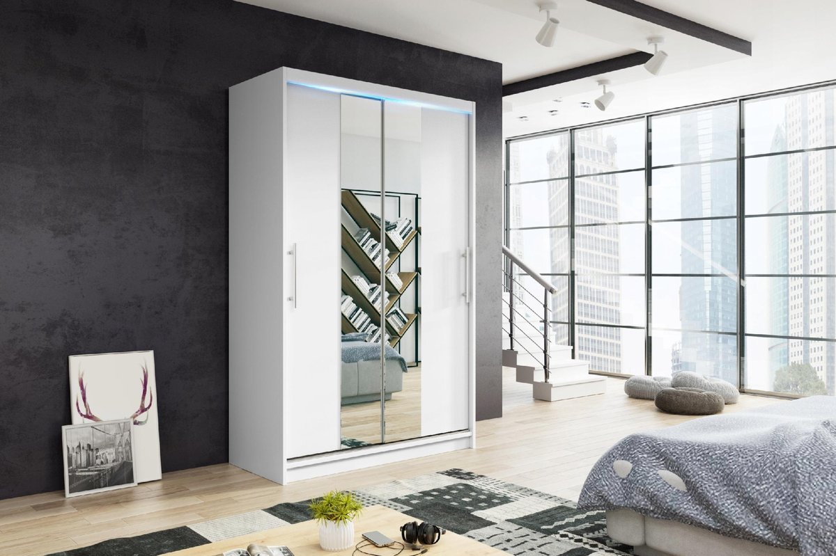 Szafa Niko 2 Przesuwna 2-Drzwiowa, 120 Cm, Fronty 1/2 Lustro, Biała, Sonoma, Opcja Oświetlenia Led