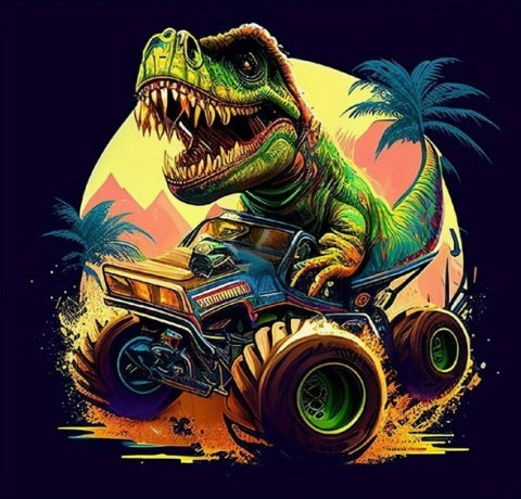 Diamentowa Mozaika Dinozaur T-rex Na Monster Trucku 30x40