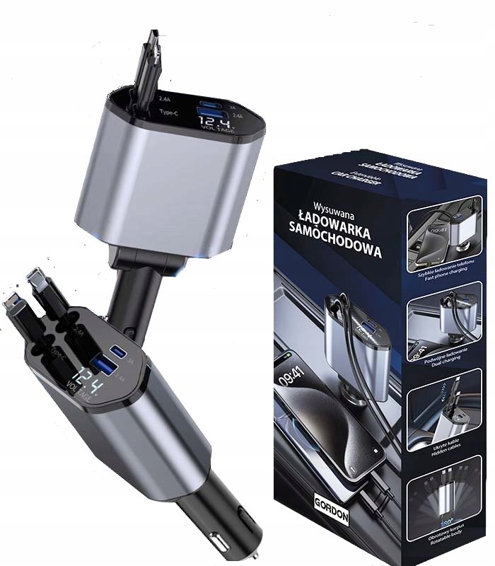 ŁADOWARKA SAMOCHODOWA 4w1 WYSUWANA OBROTOWA DO ZAPALNICZKI 2 X USB-C