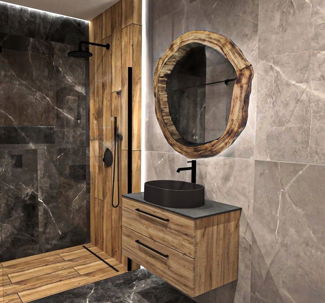 designerskie drewniane lustro do łazienki