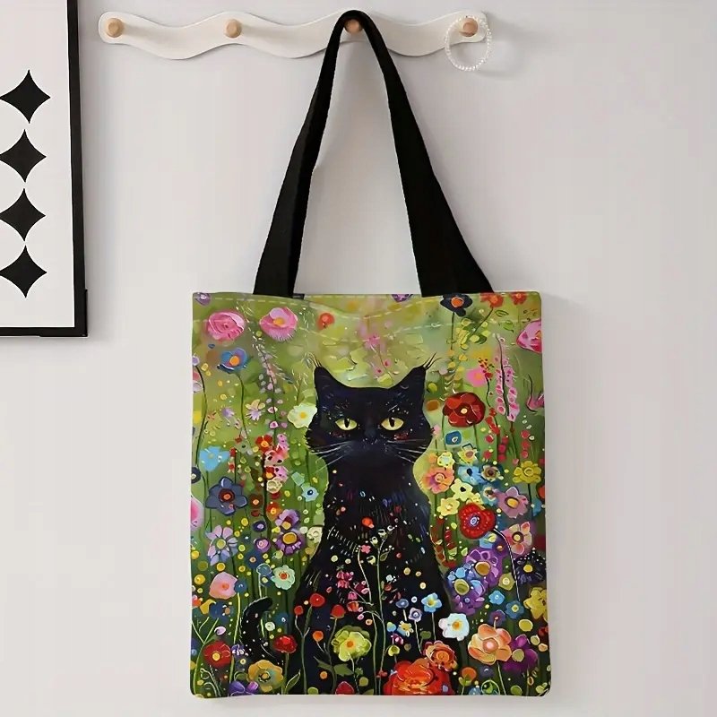 Torba shopperka tote czarny kot polne kwiaty pole 40x34 cm płócienna boho