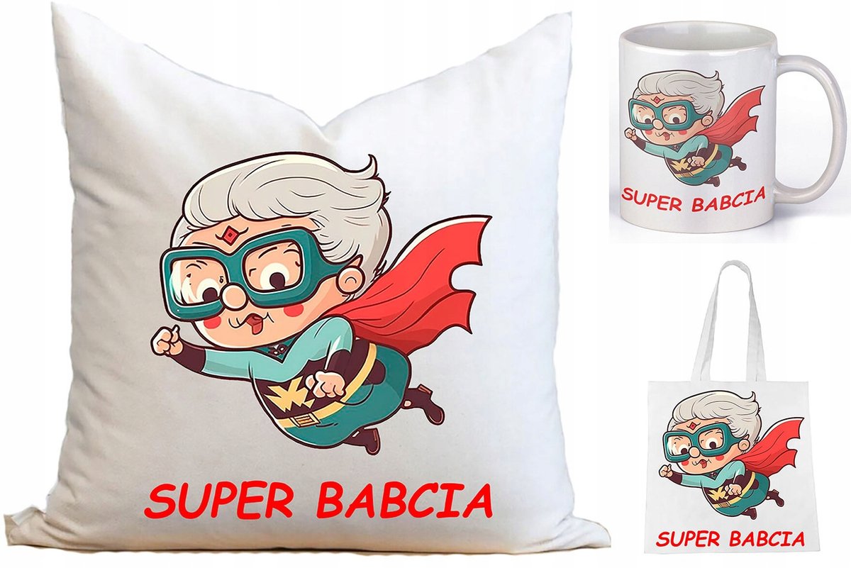 Zestaw z Nadrukiem Dzień Babci Poduszka Kubek i Torba Super Babcia