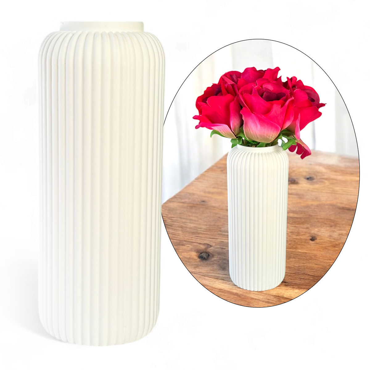 Wazon ślubny biały, nietłukący 24cm ryflowany, Nowoczesny wazon na kwiaty