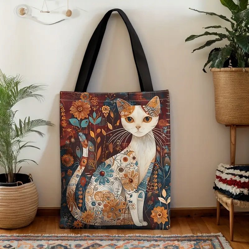 Torba shopperka tote kolorowa kot tatuaże kwiaty rośliny retro 40x35 cm