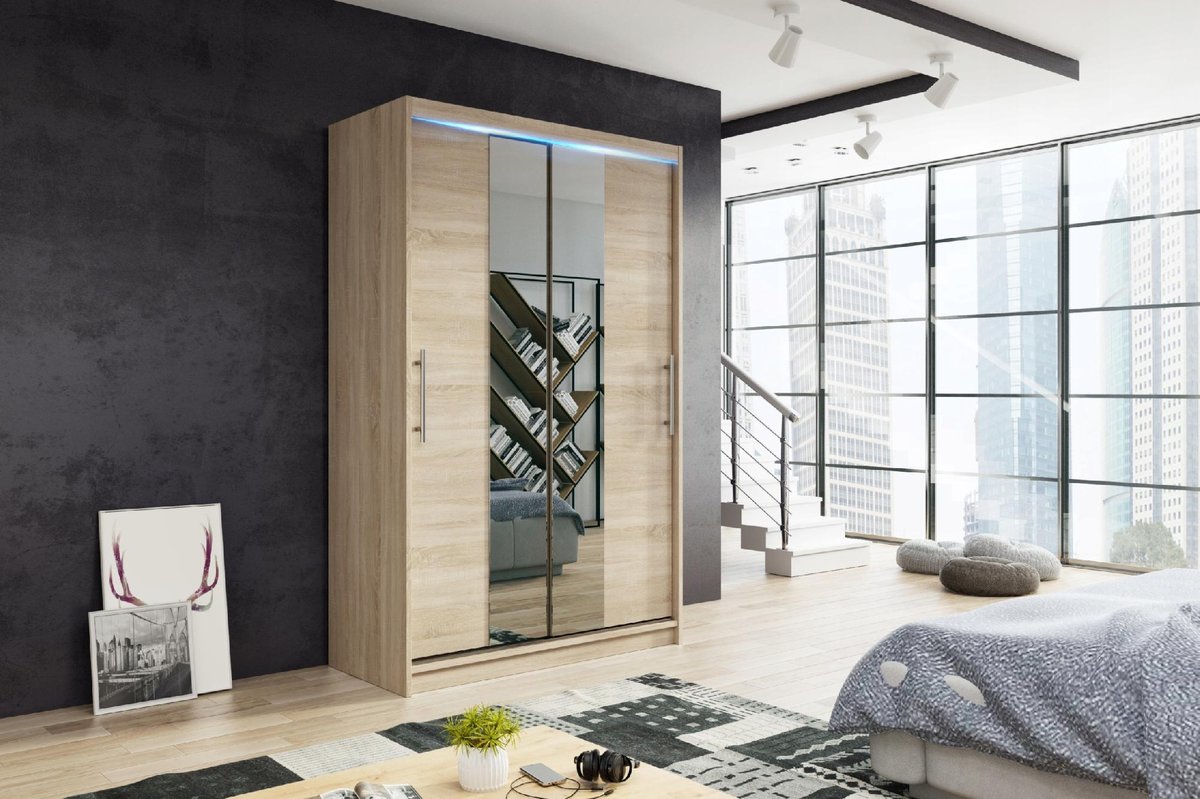 Szafa Niko 2 Przesuwna 2-Drzwiowa, 110 Cm, Fronty 1/2 Lustro, Biała, Sonoma, Opcja Oświetlenia Led