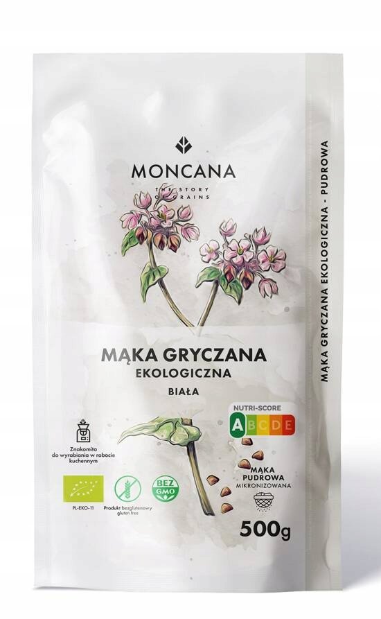 Mąka Gryczana Biała Bezglutenowa BIO 500g Moncana Pudrowa, EKO