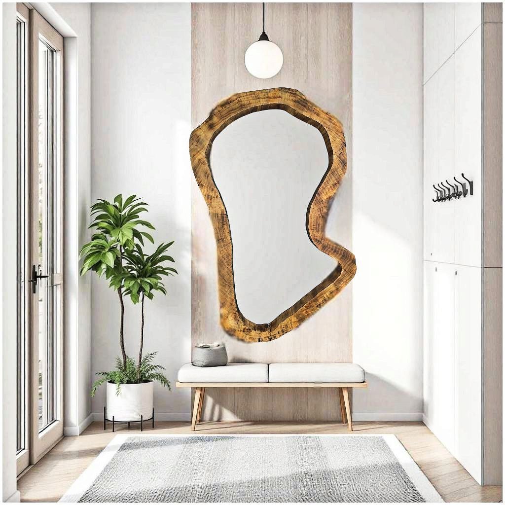 Designerskie lustro do przedpokoju drewniane asymetryczne