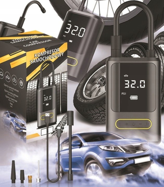 KOMPRESOR SAMOCHODOWY MINI BEZPRZEWODOWA POMPKA DO OPON AUTA ROWERU MOTORU