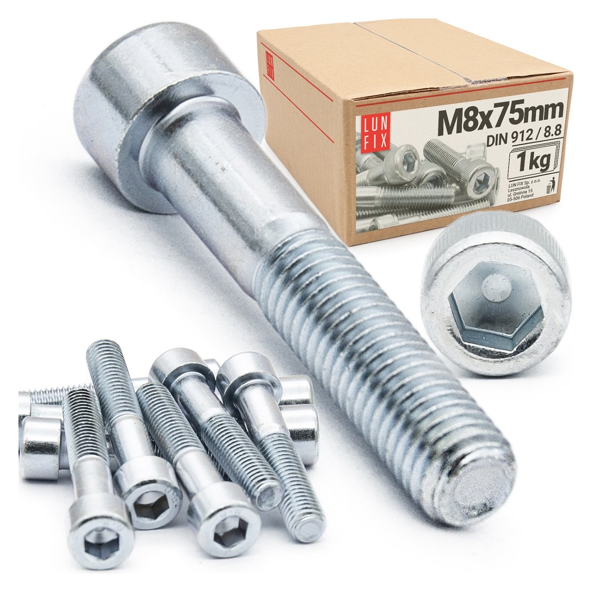 Śruba imbusowa M8x75 z łbem walcowym DIN912 kl. 8.8 ampulowa ocynk 1kg