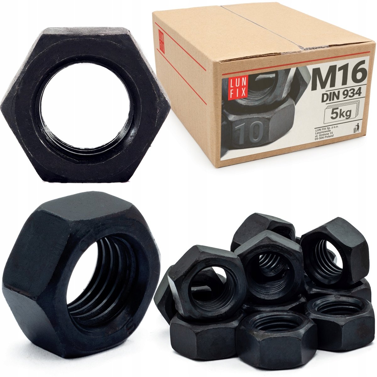 Nakrętka sześciokątna M16 6-kątna metryczna DIN 934 czarna kl. 10.9 5kg