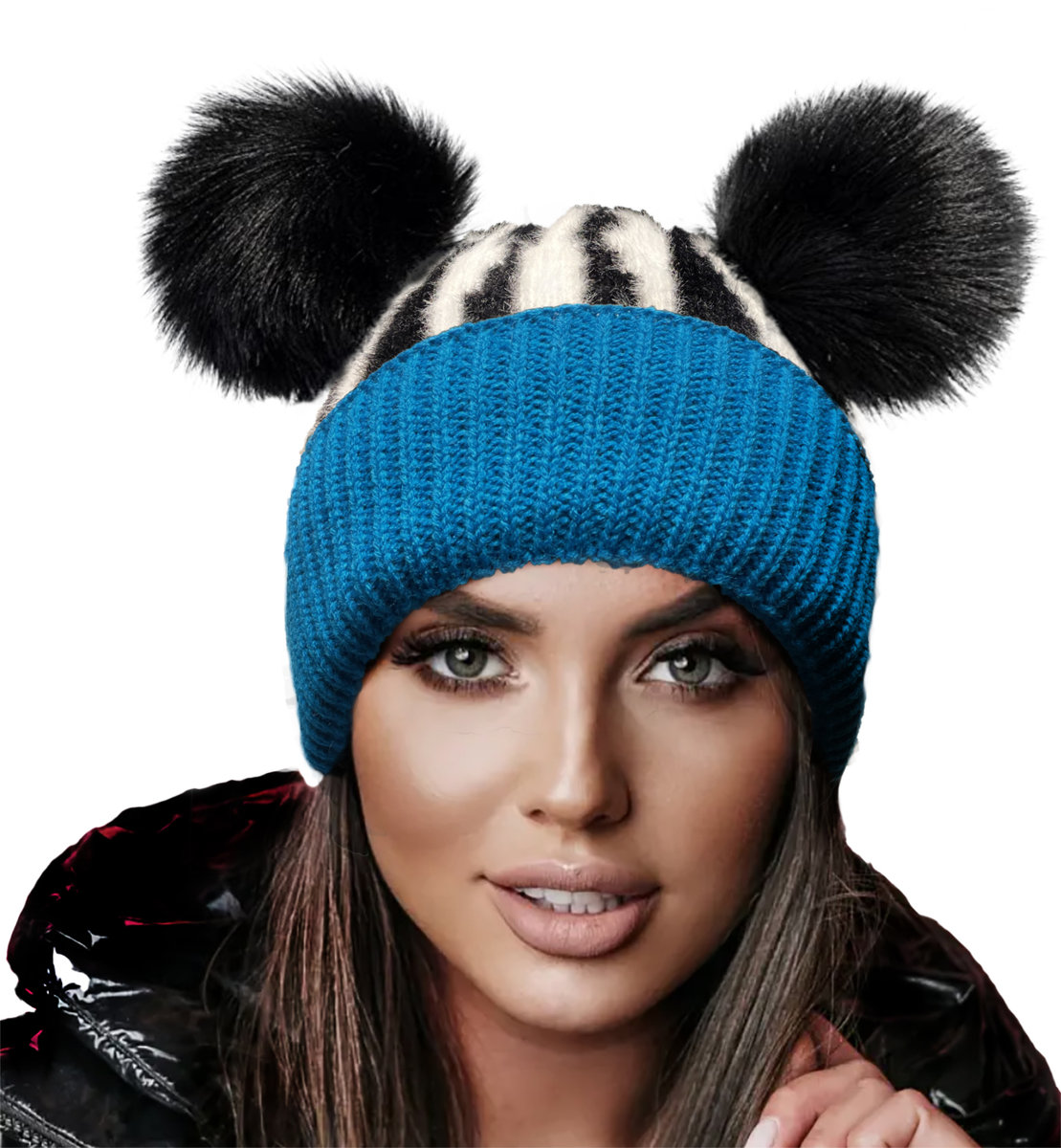 ZIMOWA CZAPKA WOOLK DWA POMPONY ZEBRA GAGA Blue