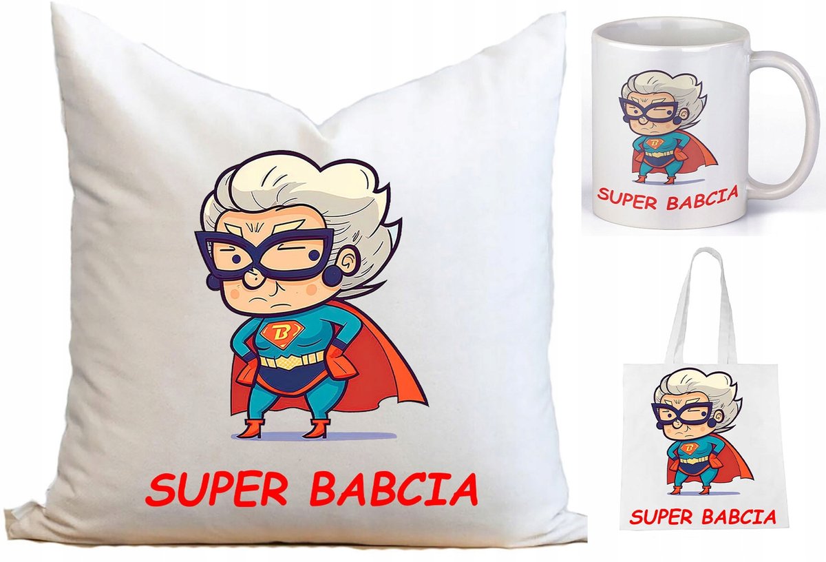 Zestaw z Nadrukiem Dzień Babci Poduszka Kubek i Torba Super Babcia