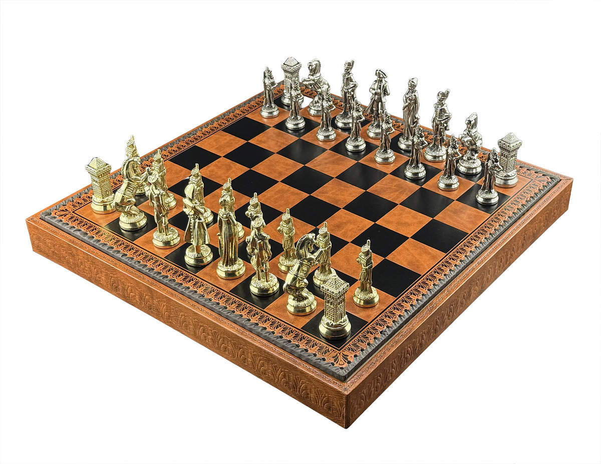 Italfama Napoleon Szachy + Brązowo-Czarna Plansza Skórzana 48cm