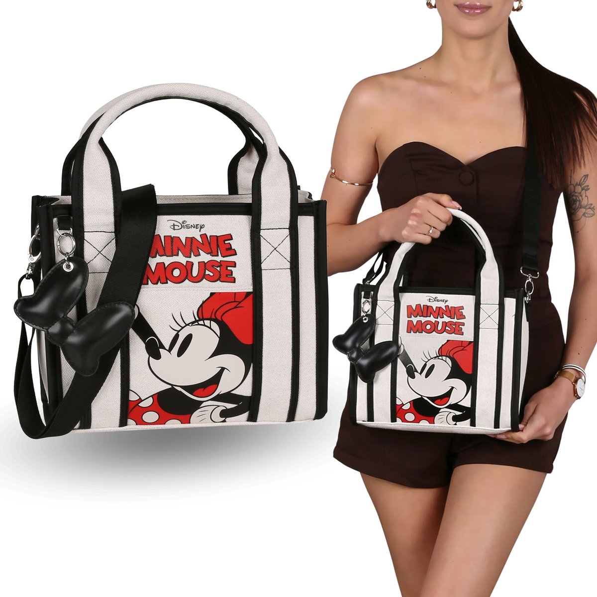 Myszka Minnie Disney BEŻOWA, damska torebka typu tote z brelokiem MŁODZIEŻOWA 27x10x21 cm