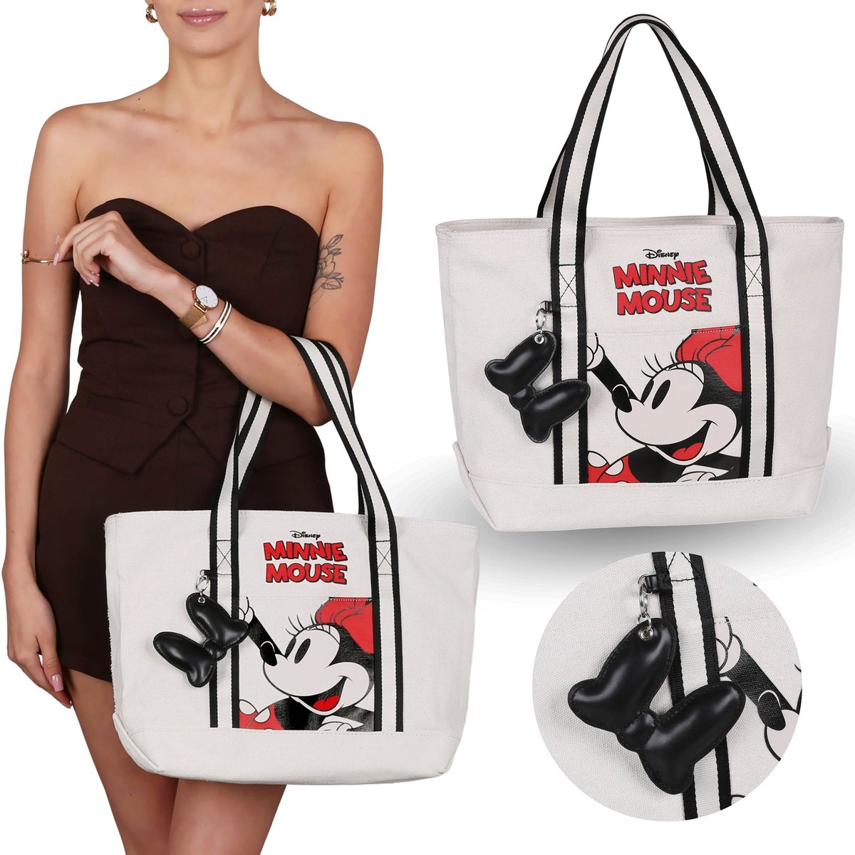 Myszka Minnie Disney Beżowa torebka damska na ramię, shopperka 36x25x16 cm