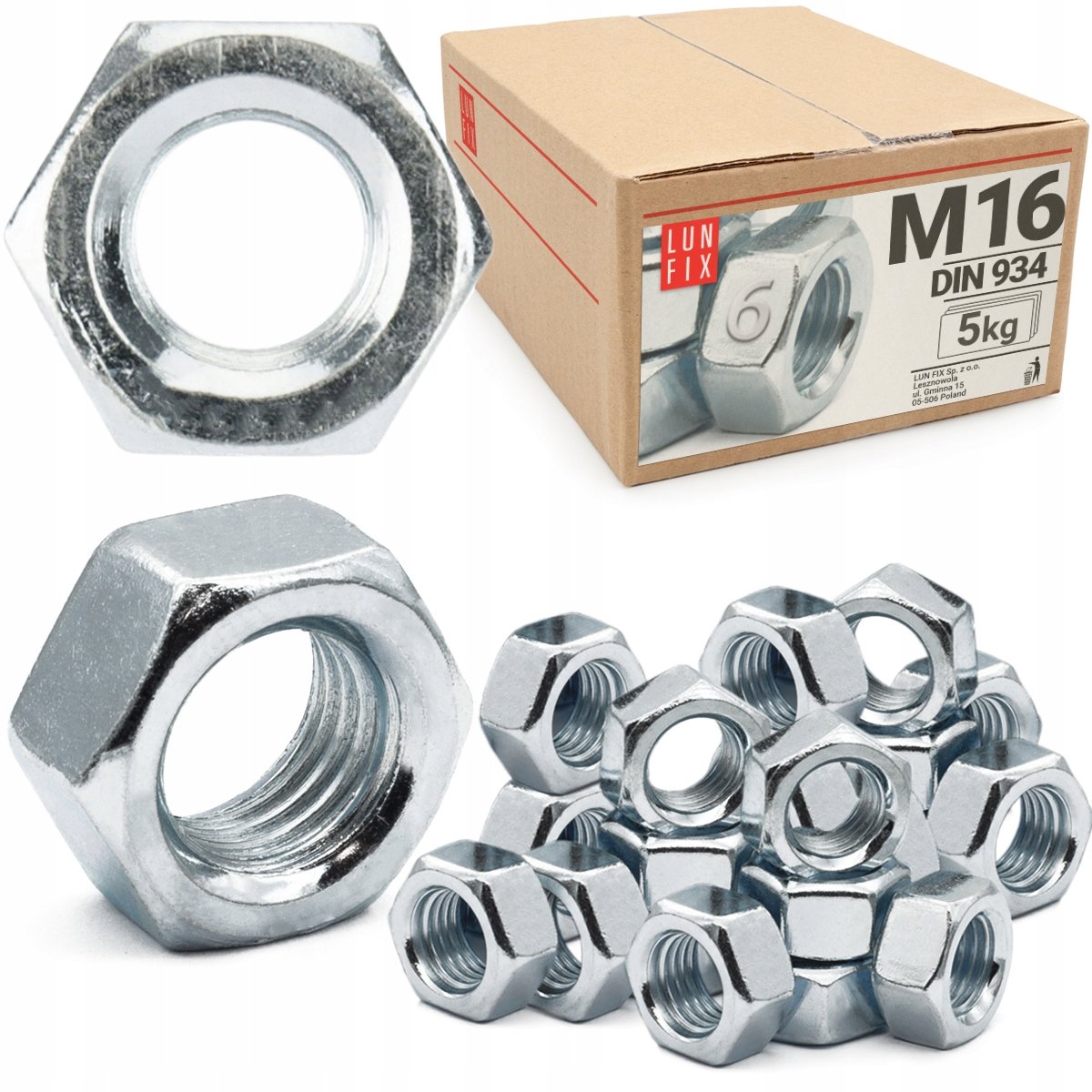 Nakrętka sześciokątna M16 6-kątna metryczna DIN 934 ocynk kl. 6 5kg