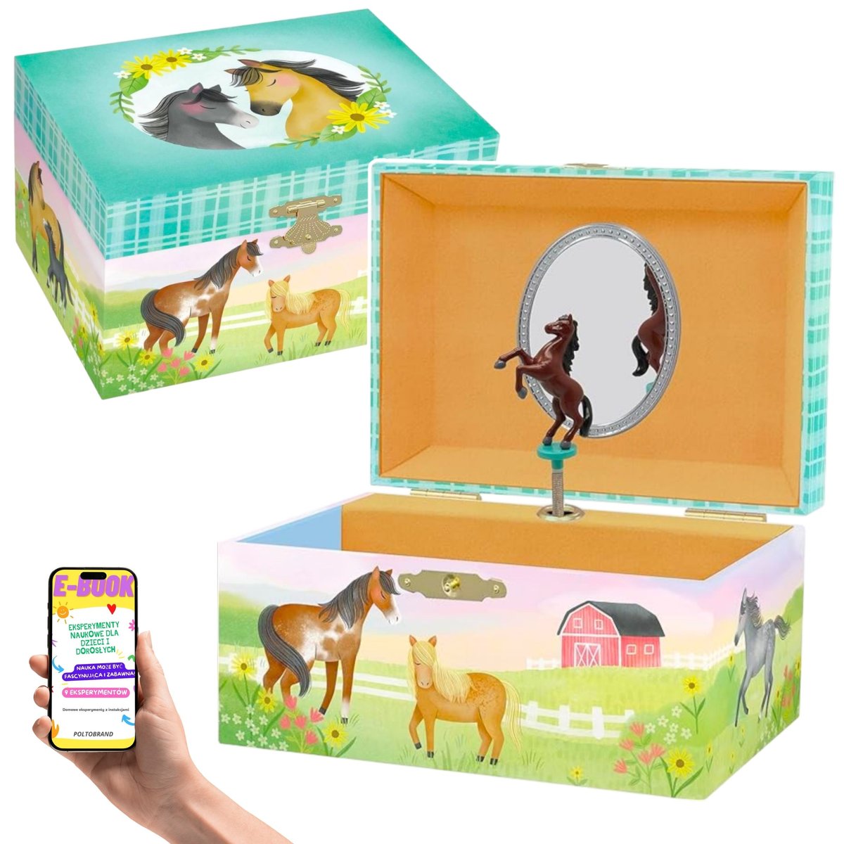 Muzyczna szkatułka na biżuterię z tańczącym koniem – pozytywka dla dziewczynek 3–10 lat Magiczny prezent z motywem konia + EBOOK