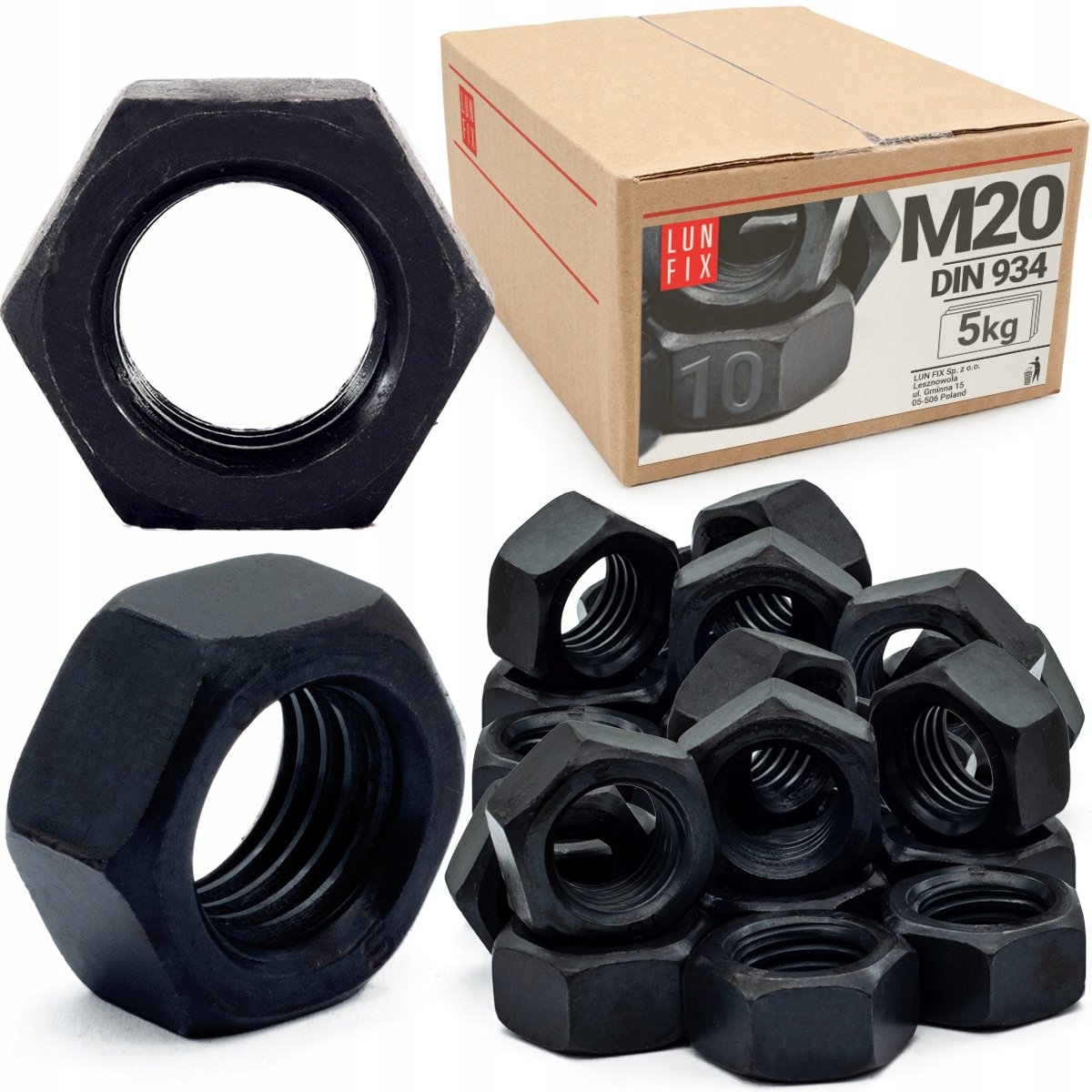 Nakrętka sześciokątna M20 6-kątna metryczna DIN 934 czarna kl. 10.9 5kg