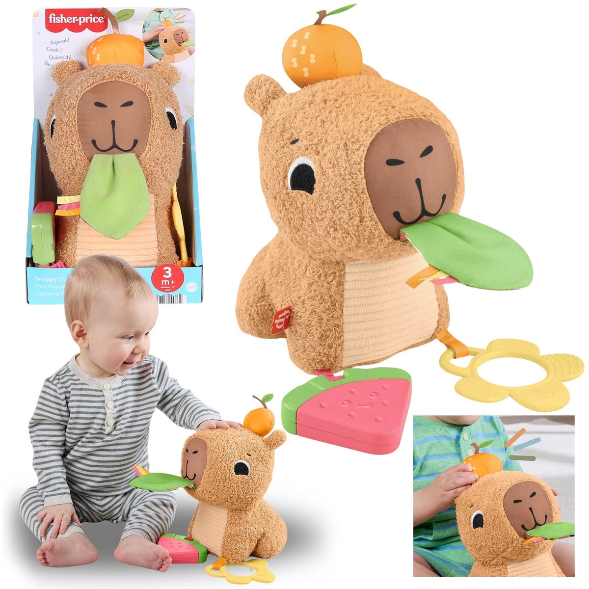 Fisher-Price Pluszowa Kapibara, Sensoryczna Przytulanka, Gryzak Dla Niemowlaka, 3 Miesiące +