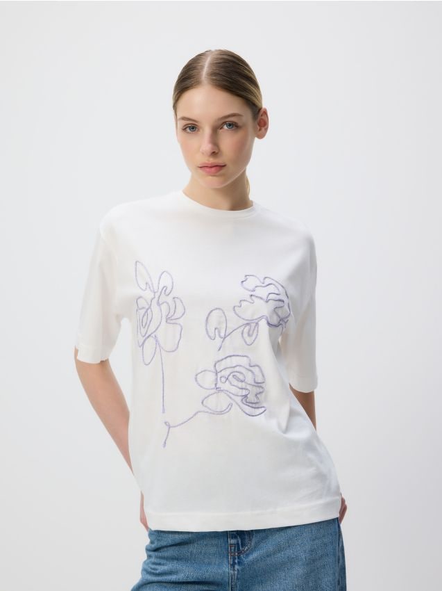 Reserved - T-shirt z haftem - jasnozielony