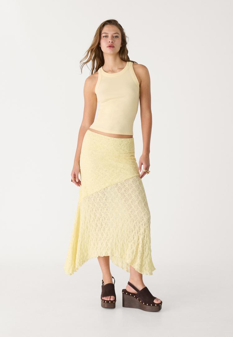 Stradivarius Spódnica midi z koronki Żółty pastelowy S