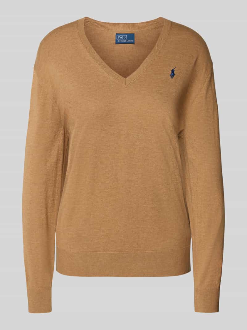 Sweter z dzianiny z wyhaftowanym logo i dekoltem w serek