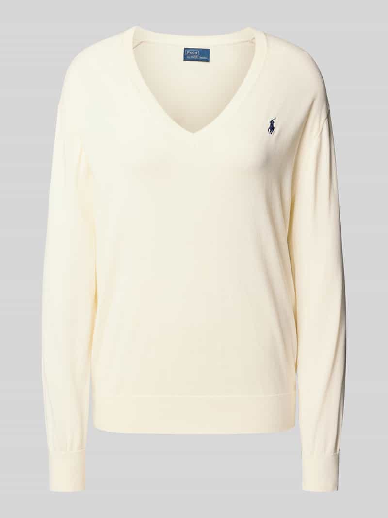 Sweter z dzianiny z wyhaftowanym logo i dekoltem w serek