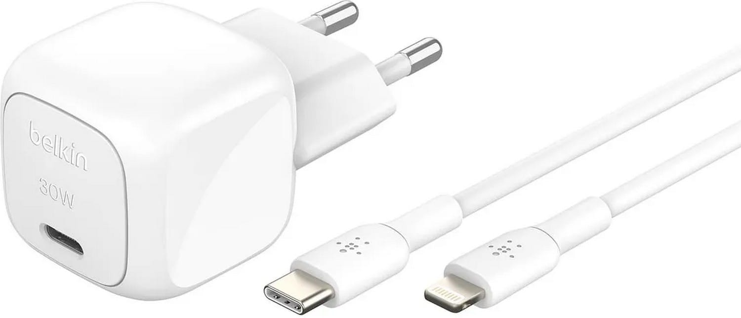 Belkin USB-C PD 30W, mała, biała + kabel Lightning